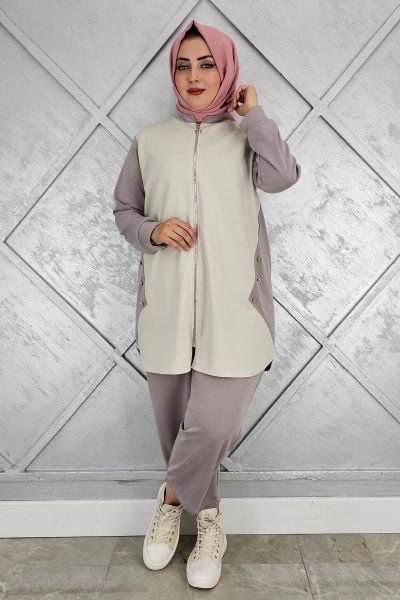 KADIN FERMUARLI DÜĞME DETAYLI TESETTÜR TAKIM VİZON - 4 BEDEN