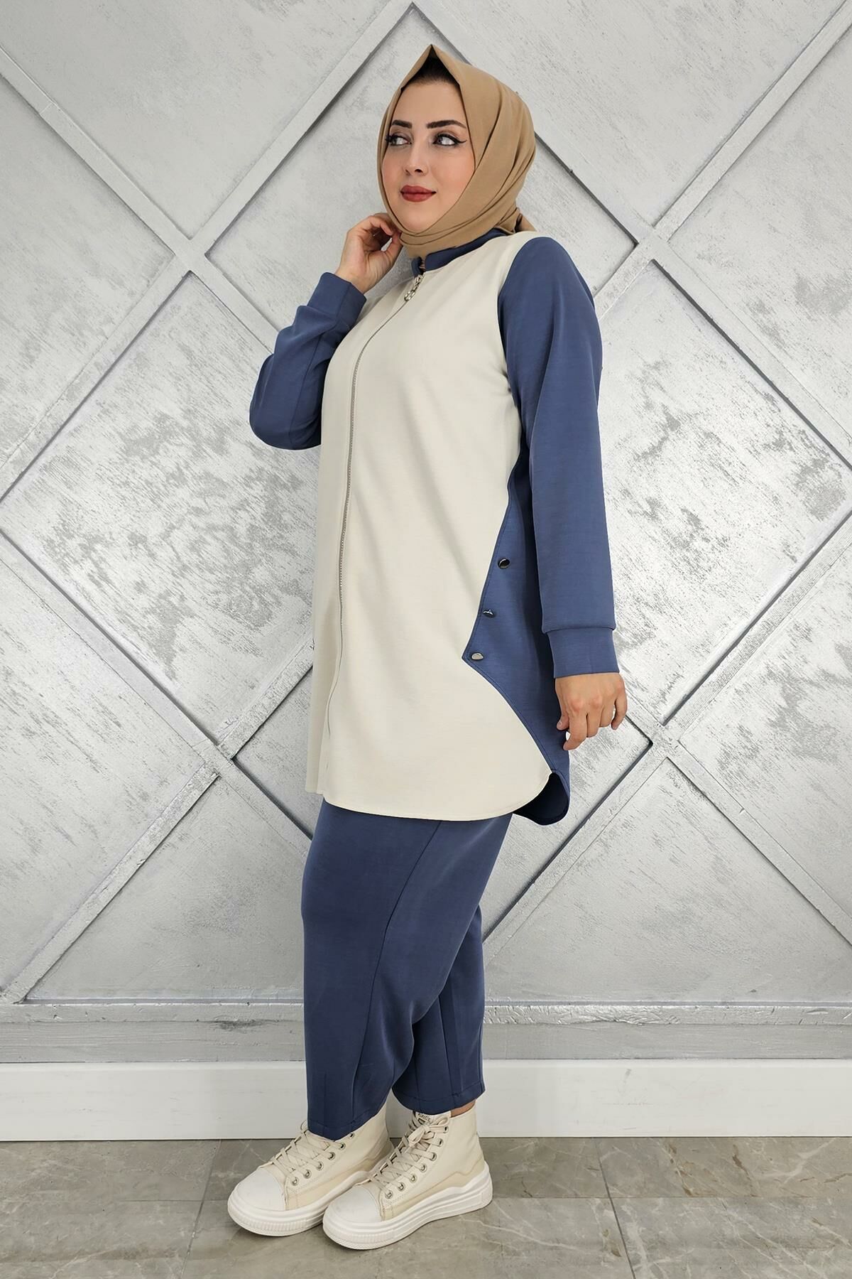 KADIN FERMUARLI DÜĞME DETAYLI TESETTÜR TAKIM İNDİGO - 3 BEDEN