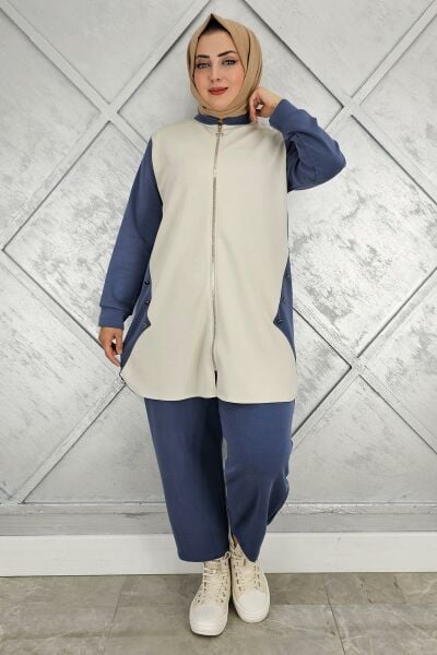 KADIN FERMUARLI DÜĞME DETAYLI TESETTÜR TAKIM İNDİGO - 3 BEDEN