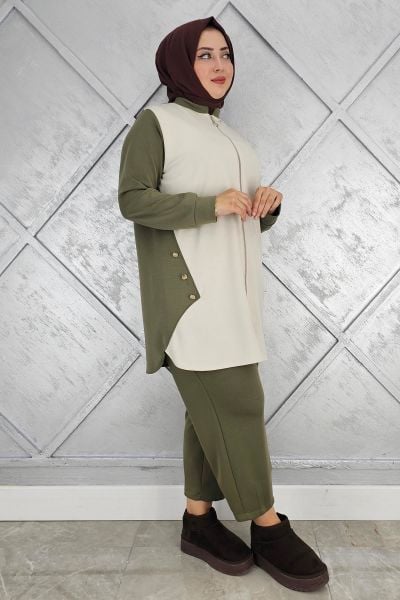 KADIN FERMUARLI DÜĞME DETAYLI TESETTÜR TAKIM HAKİ - 5 BEDEN