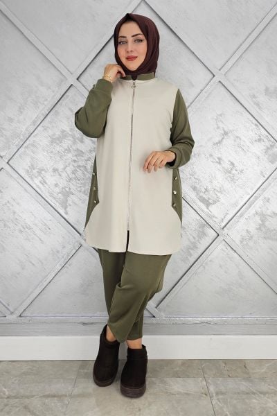 KADIN FERMUARLI DÜĞME DETAYLI TESETTÜR TAKIM HAKİ - 5 BEDEN