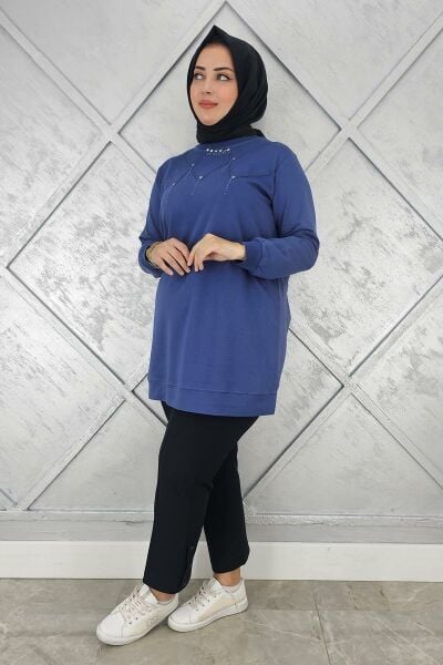 KADIN TAŞ DETAYLI TESETTÜR TUNİK İNDİGO - 2XL