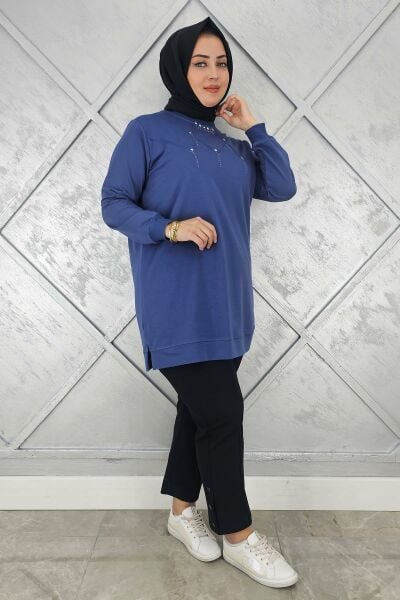 KADIN TAŞ DETAYLI TESETTÜR TUNİK İNDİGO - 2XL