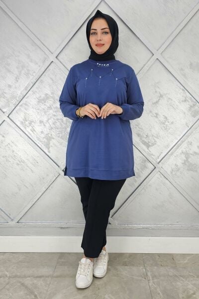KADIN TAŞ DETAYLI TESETTÜR TUNİK İNDİGO - 2XL