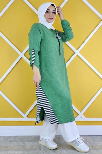 KADIN ÇİZGİ DETAYLI TESETTÜR TUNİK BENETTON - 4 BEDEN
