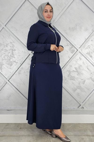 KADIN BÜZGÜ DETAYLI TESETTÜR TAKIM LACİVERT - 3 BEDEN