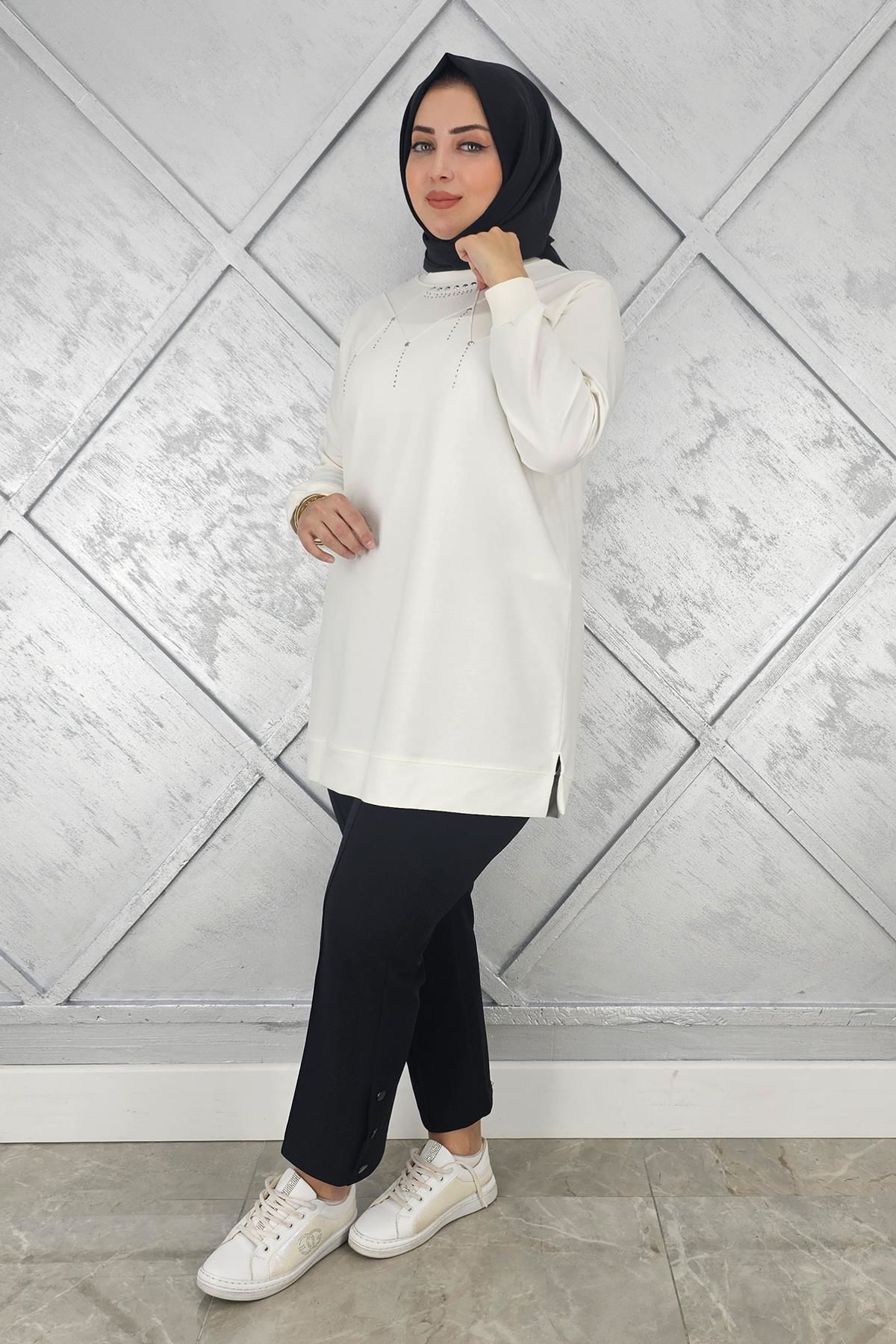 KADIN TAŞ DETAYLI TESETTÜR TUNİK EKRU - XL
