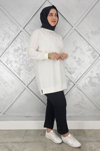 KADIN TAŞ DETAYLI TESETTÜR TUNİK EKRU - XL