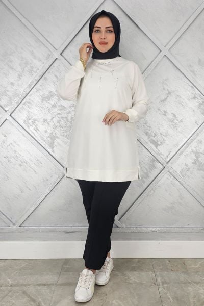 KADIN TAŞ DETAYLI TESETTÜR TUNİK EKRU - XL