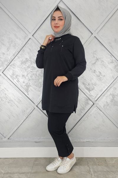 KADIN TAŞ DETAYLI TESETTÜR TUNİK SİYAH - 3XL