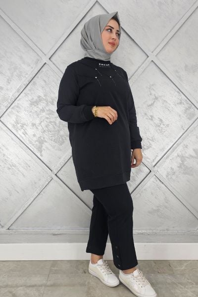 KADIN TAŞ DETAYLI TESETTÜR TUNİK SİYAH - 3XL