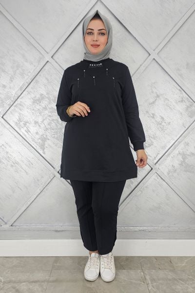 KADIN TAŞ DETAYLI TESETTÜR TUNİK SİYAH - 3XL