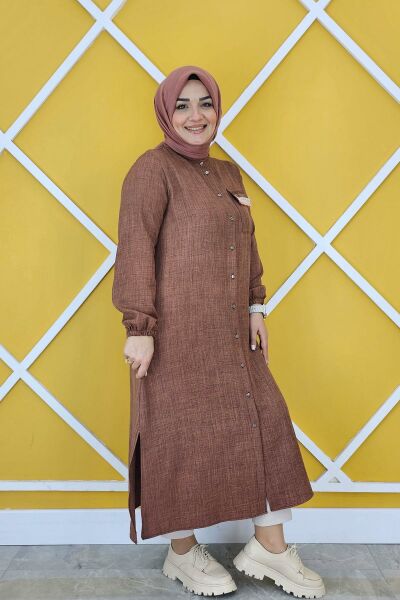 PYS KADIN HAKİM YAKA TAŞ VE ŞERİT DETAYLI DÜĞMELİ TESETTÜR KAP KAHVERENGİ - 5 BEDEN