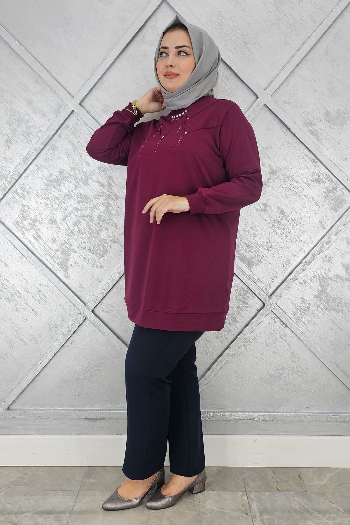 KADIN TAŞ DETAYLI TESETTÜR TUNİK BORDO - XL