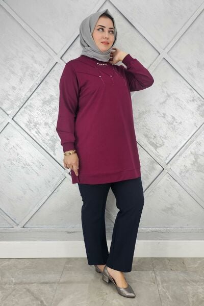 KADIN TAŞ DETAYLI TESETTÜR TUNİK BORDO - XL