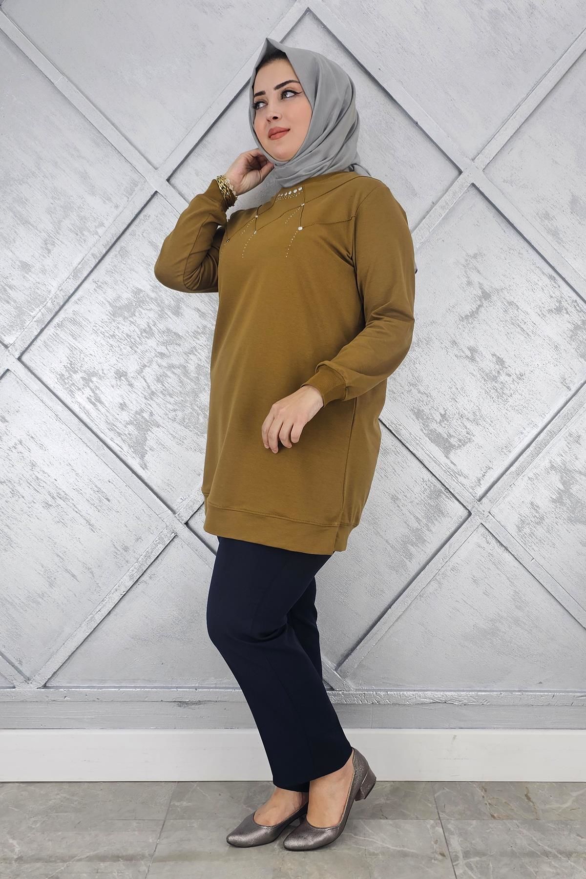 KADIN TAŞ DETAYLI TESETTÜR TUNİK YAĞ YEŞİLİ - L