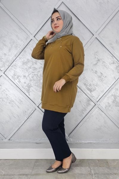 KADIN TAŞ DETAYLI TESETTÜR TUNİK YAĞ YEŞİLİ - L