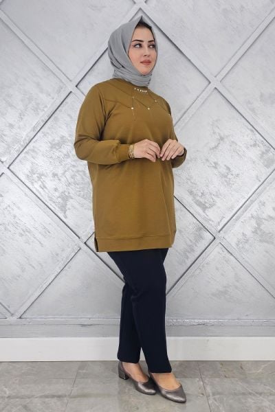KADIN TAŞ DETAYLI TESETTÜR TUNİK YAĞ YEŞİLİ - L