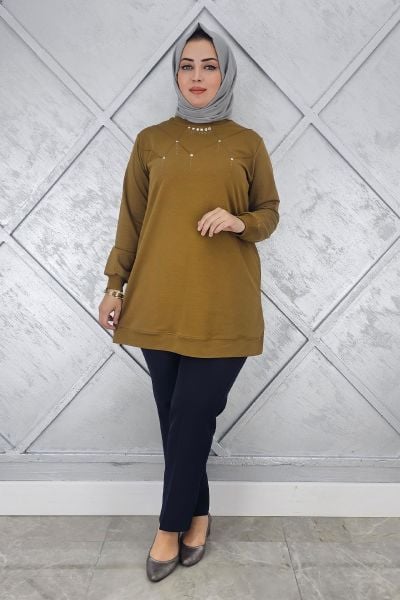 KADIN TAŞ DETAYLI TESETTÜR TUNİK YAĞ YEŞİLİ - L