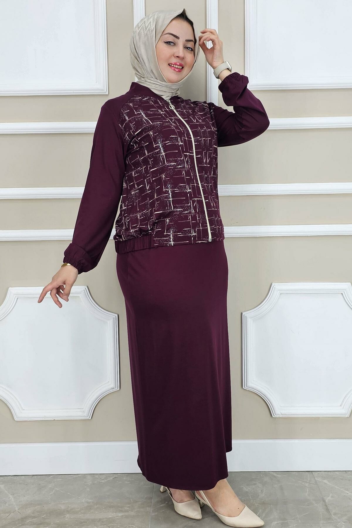 PYS KADIN DESENLİ TESETTÜR TAKIM BORDO - 4 BEDEN