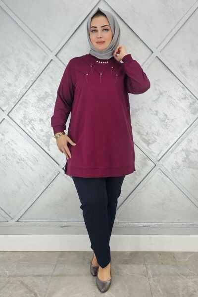 KADIN TAŞ DETAYLI TESETTÜR TUNİK BORDO - 3XL