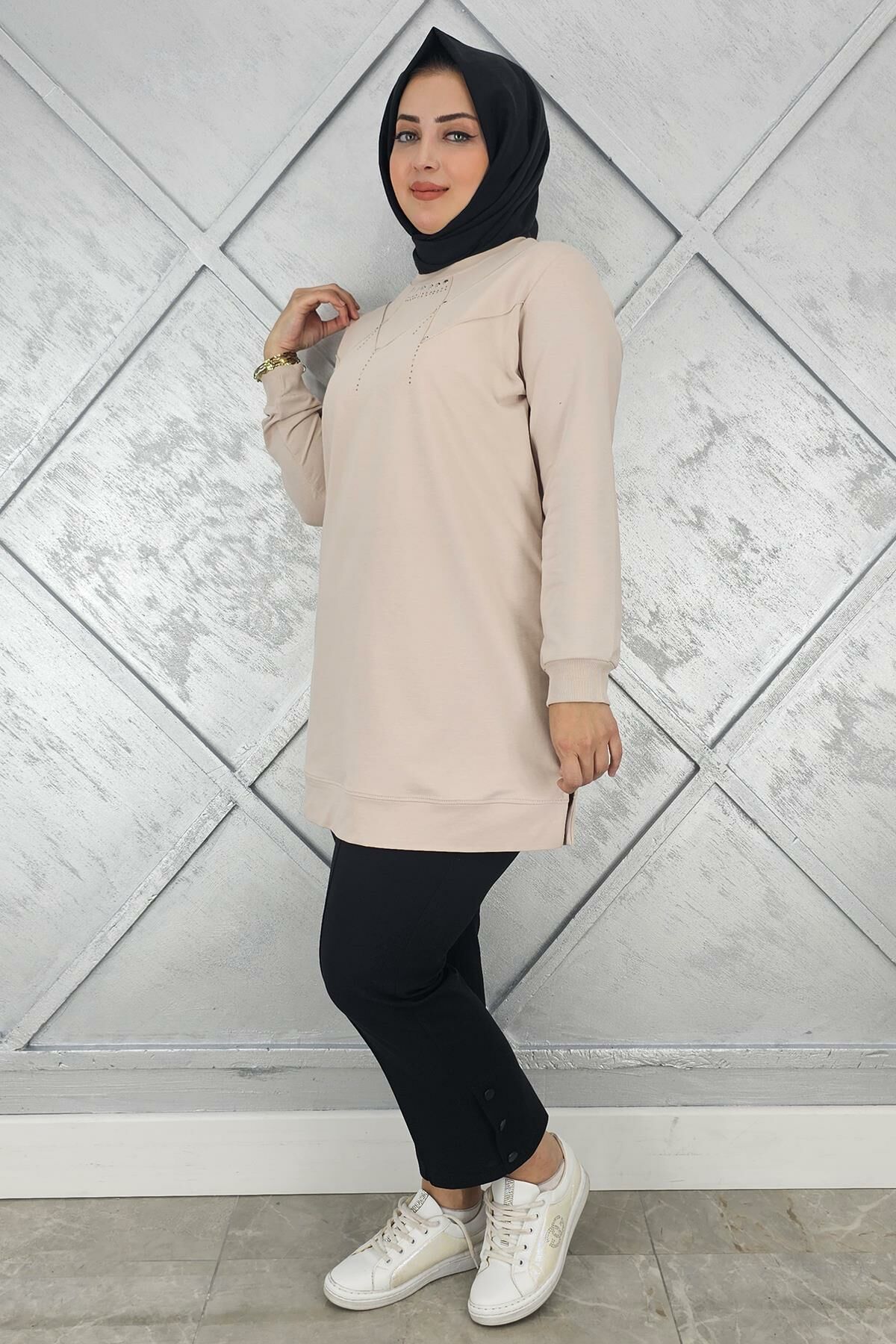 KADIN TAŞ DETAYLI TESETTÜR TUNİK BEJ - 2XL