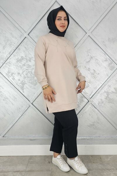 KADIN TAŞ DETAYLI TESETTÜR TUNİK BEJ - 2XL