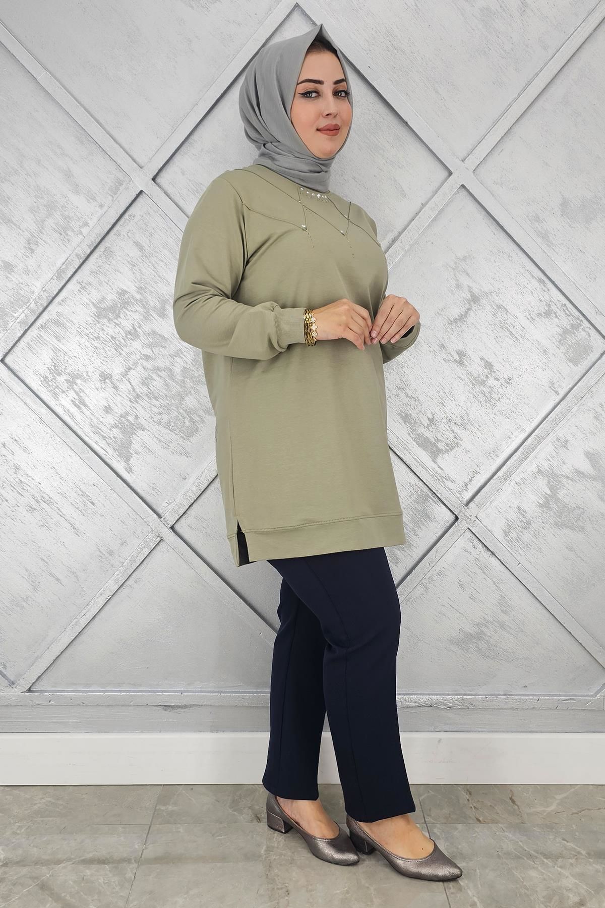 KADIN TAŞ DETAYLI TESETTÜR TUNİK MİNT YEŞİLİ - XL