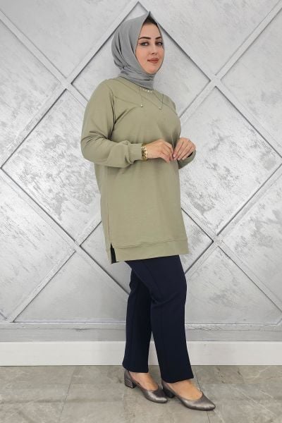 KADIN TAŞ DETAYLI TESETTÜR TUNİK MİNT YEŞİLİ - XL