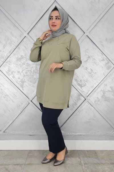 KADIN TAŞ DETAYLI TESETTÜR TUNİK MİNT YEŞİLİ - XL