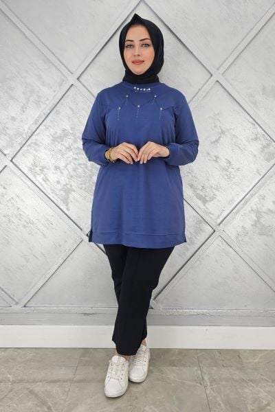 KADIN TAŞ DETAYLI TESETTÜR TUNİK İNDİGO - XL