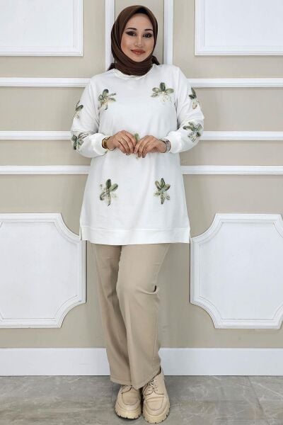 PYS KADIN DİKME ÇİÇEK AKSESUARLI TESETTÜR TUNİK EKRU YEŞİL - 3 BEDEN