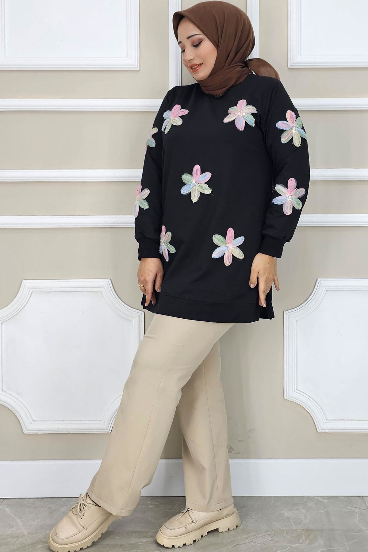 PYS KADIN DİKME ÇİÇEK AKSESUARLI TESETTÜR TUNİK SİYAH PUDRA - 3 BEDEN