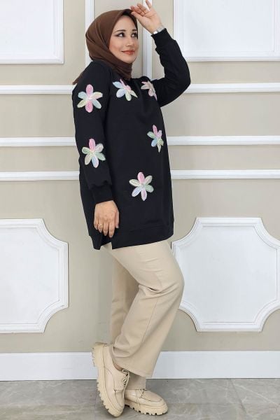 PYS KADIN DİKME ÇİÇEK AKSESUARLI TESETTÜR TUNİK SİYAH PUDRA - 3 BEDEN