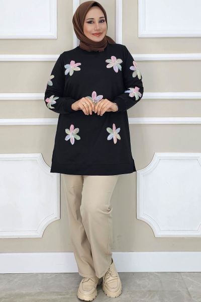 PYS KADIN DİKME ÇİÇEK AKSESUARLI TESETTÜR TUNİK SİYAH PUDRA - 3 BEDEN