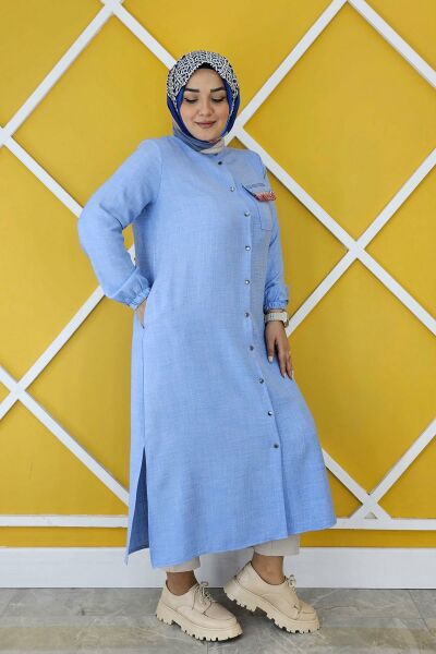 PYS KADIN HAKİM YAKA TAŞ VE ŞERİT DETAYLI DÜĞMELİ TESETTÜR KAP BUZ MAVİ - 5 BEDEN