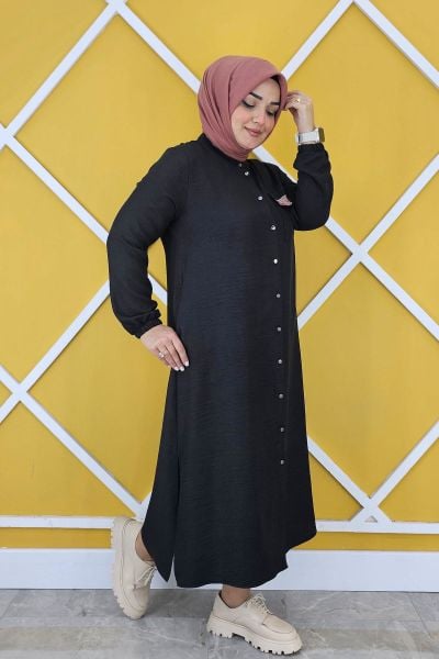 KADIN HAKİM YAKA TAŞ VE ŞERİT DETAYLI DÜĞMELİ TESETTÜR KAP SİYAH - 2 BEDEN