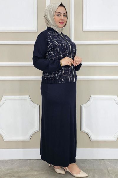 KADIN DESENLİ TESETTÜR TAKIM LACİVERT - 5 BEDEN