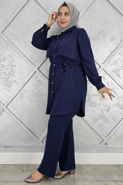 KADIN BELİ BAĞCIKLI TESETTÜR TAKIM LACİVERT - 2 BEDEN