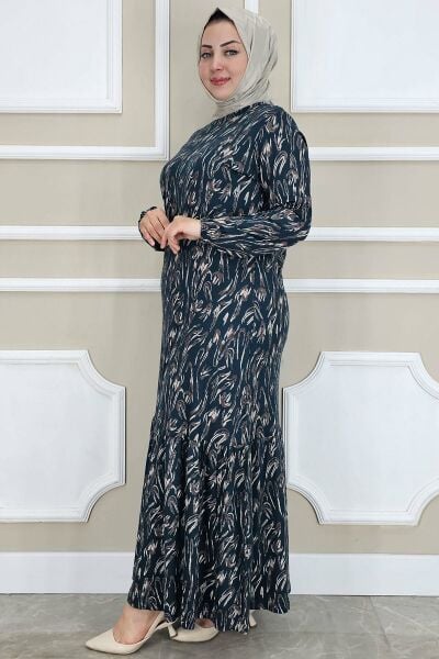 PYS KADIN DALGA DESENLİ SİMLİ TESETTÜR ELBİSE PETROL YEŞİLİ - 3 BEDEN