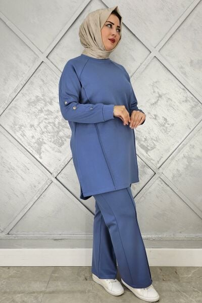 KADIN KOL DÜĞME DETAYLI TESETTÜR TAKIM İNDİGO - 3 BEDEN