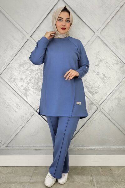 KADIN KOL DÜĞME DETAYLI TESETTÜR TAKIM İNDİGO - 4 BEDEN