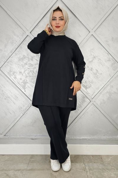 KADIN KOL DÜĞME DETAYLI TESETTÜR TAKIM SİYAH - 2 BEDEN