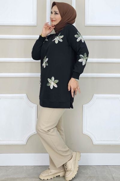 PYS KADIN DİKME ÇİÇEK AKSESUARLI TESETTÜR TUNİK SİYAH YEŞİL - 5 BEDEN