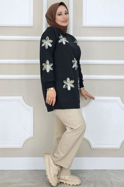 PYS KADIN DİKME ÇİÇEK AKSESUARLI TESETTÜR TUNİK SİYAH YEŞİL - 5 BEDEN