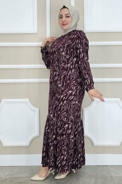 PYS KADIN DALGA DESENLİ SİMLİ TESETTÜR ELBİSE BORDO - 3 BEDEN