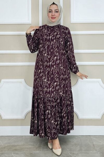 PYS KADIN DALGA DESENLİ SİMLİ TESETTÜR ELBİSE BORDO - 3 BEDEN