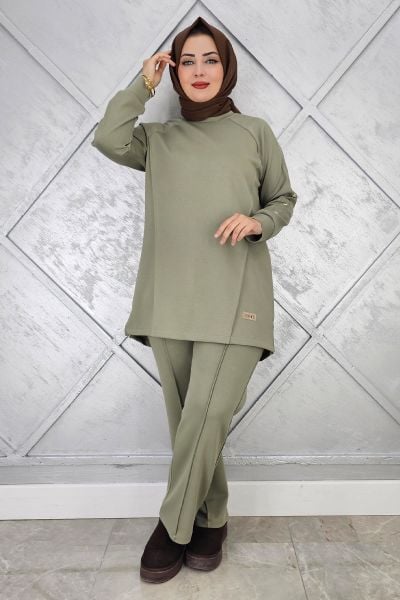 KADIN KOL DÜĞME DETAYLI TESETTÜR TAKIM HAKİ - 2 BEDEN