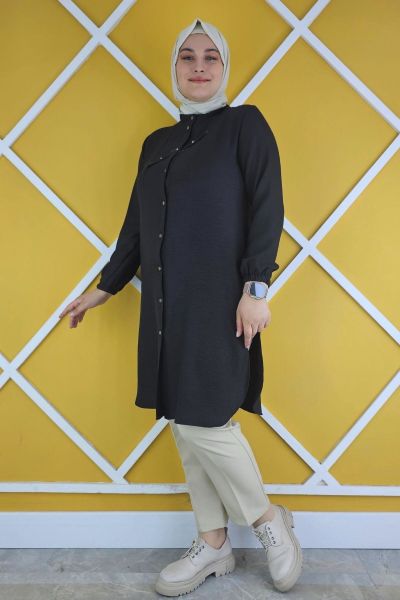 PYS KADIN ÇAPRAZ ALLER VE TAŞ DETAYLI TESETTÜR GÖMLEK SİYAH - 2 BEDEN