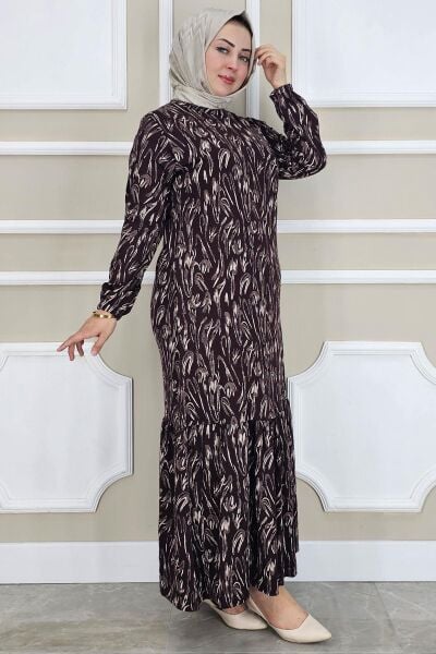 PYS KADIN DALGA DESENLİ SİMLİ TESETTÜR ELBİSE KAHVERENGİ - 3 BEDEN